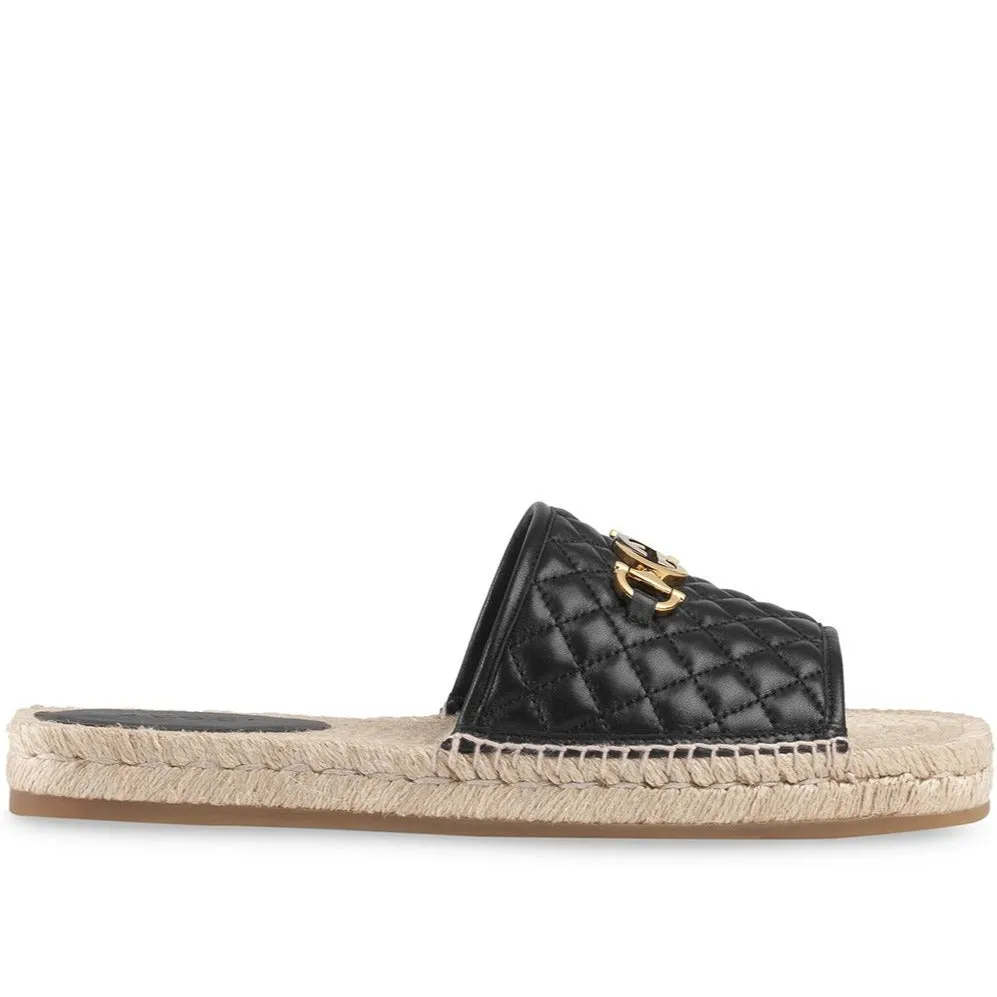 Gucci Horsebit Quilted Espadrille Slide Sandals in Black