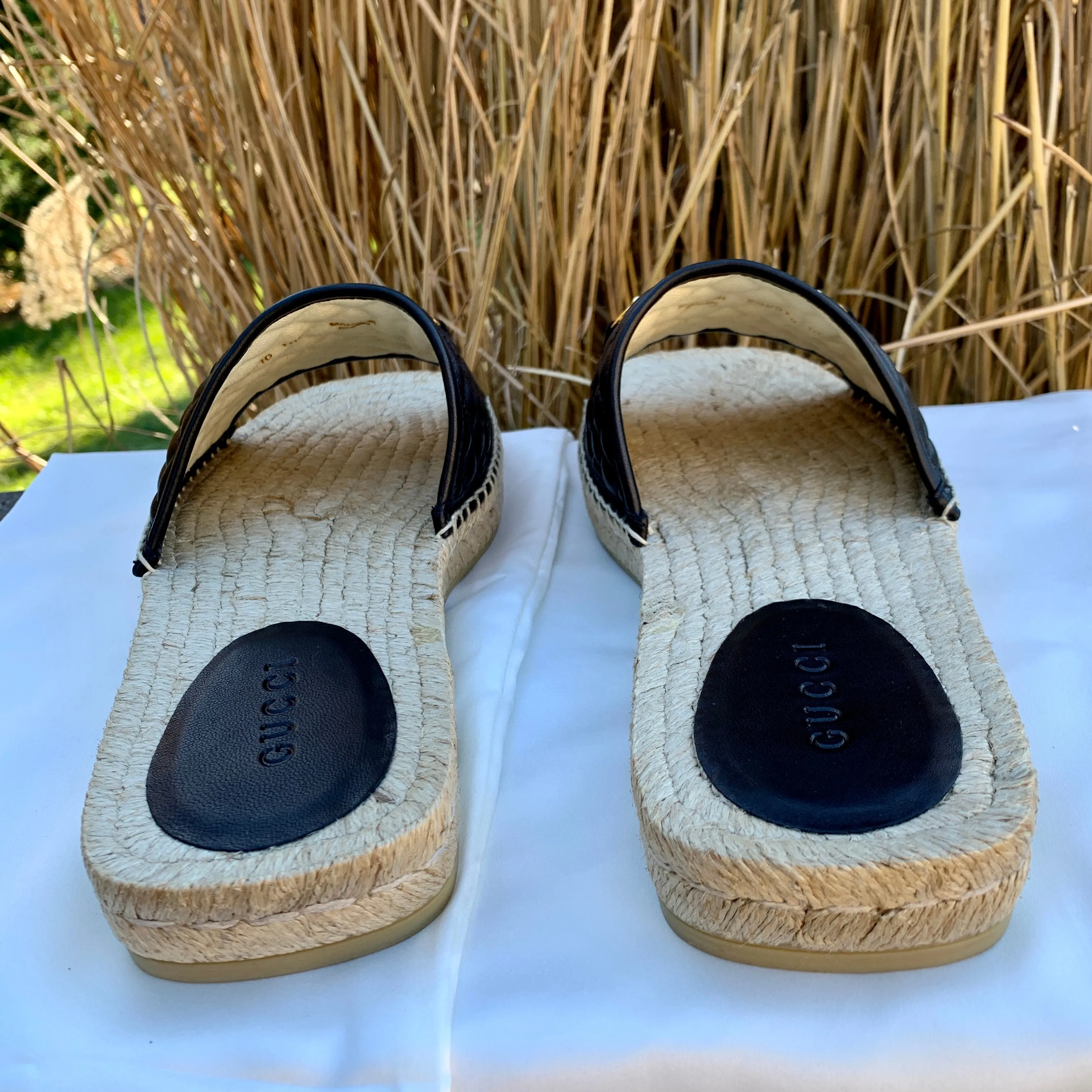 Gucci Horsebit Quilted Espadrille Slide Sandals in Black