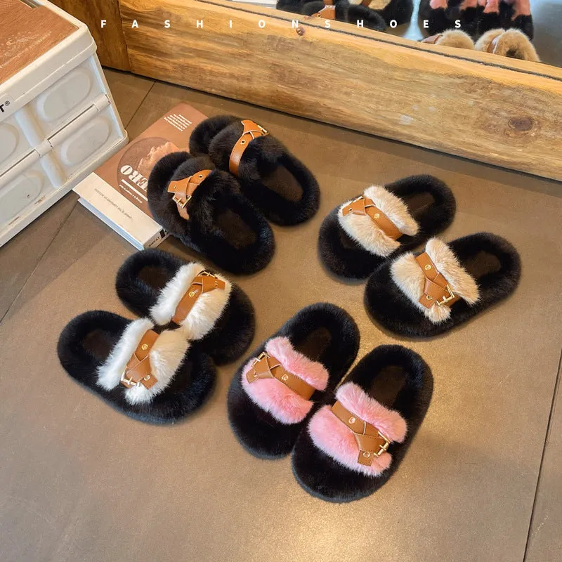 INSTOCK - Girls' outer wear flat fur slippers 2025