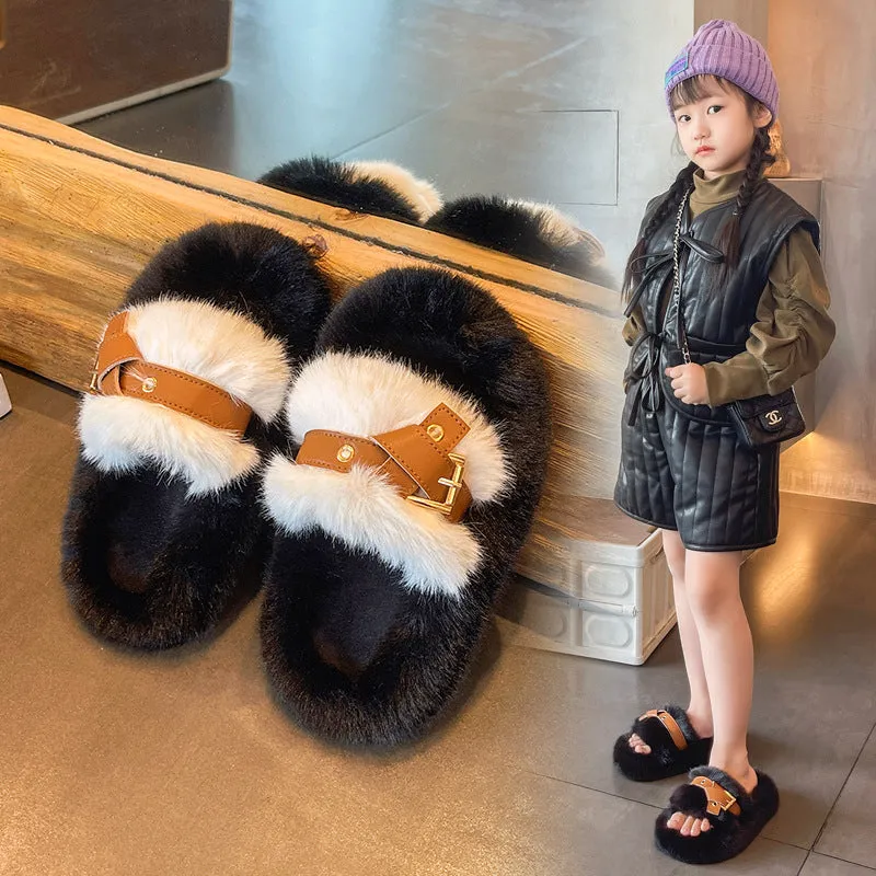 INSTOCK - Girls' outer wear flat fur slippers 2025