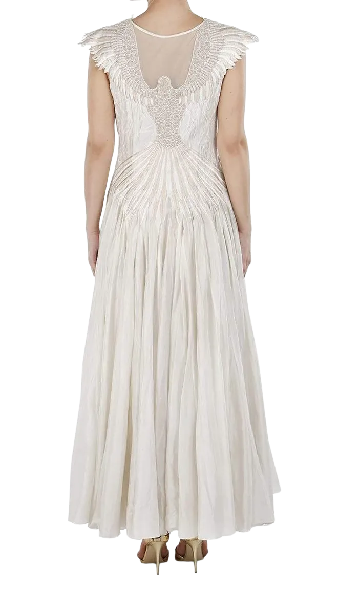 Ivory Bird Motifs Embroidered Linen Dress