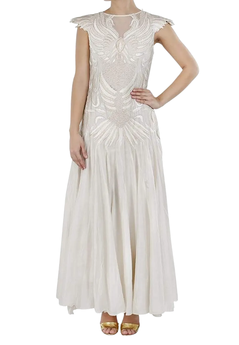 Ivory Bird Motifs Embroidered Linen Dress