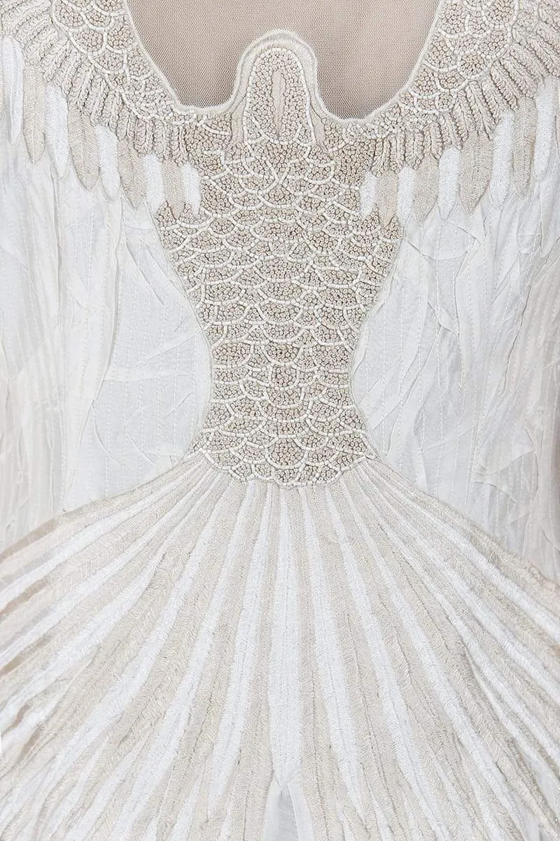Ivory Bird Motifs Embroidered Linen Dress