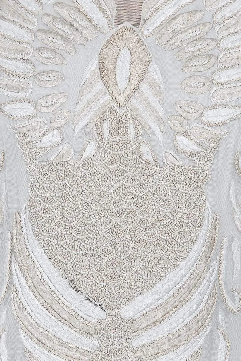 Ivory Bird Motifs Embroidered Linen Dress
