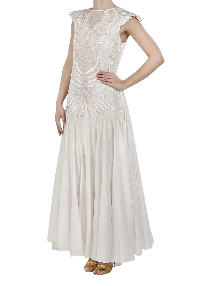 Ivory Bird Motifs Embroidered Linen Dress