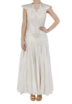 Ivory Bird Motifs Embroidered Linen Dress
