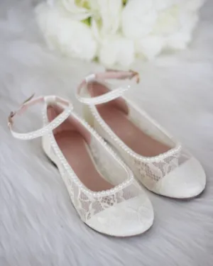 Ivory New Lace Ballet Flats with Mini Pearls and Ankle Strap
