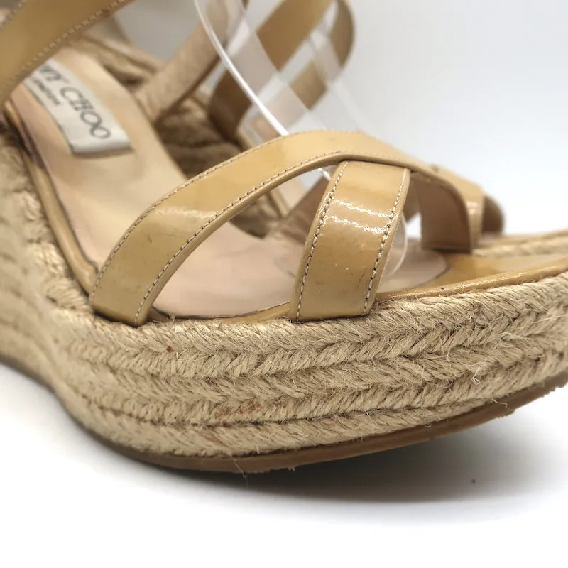 Jimmy Choo Porto Crisscross Espadrille Wedge Sandals Nude Patent Leather Size 39