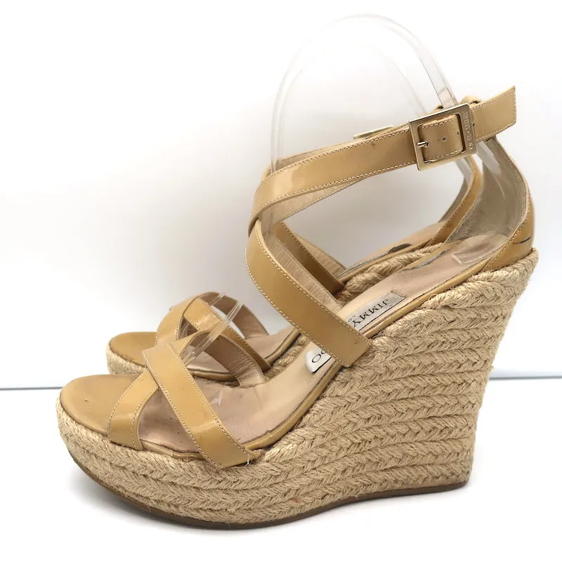 Jimmy Choo Porto Crisscross Espadrille Wedge Sandals Nude Patent Leather Size 39