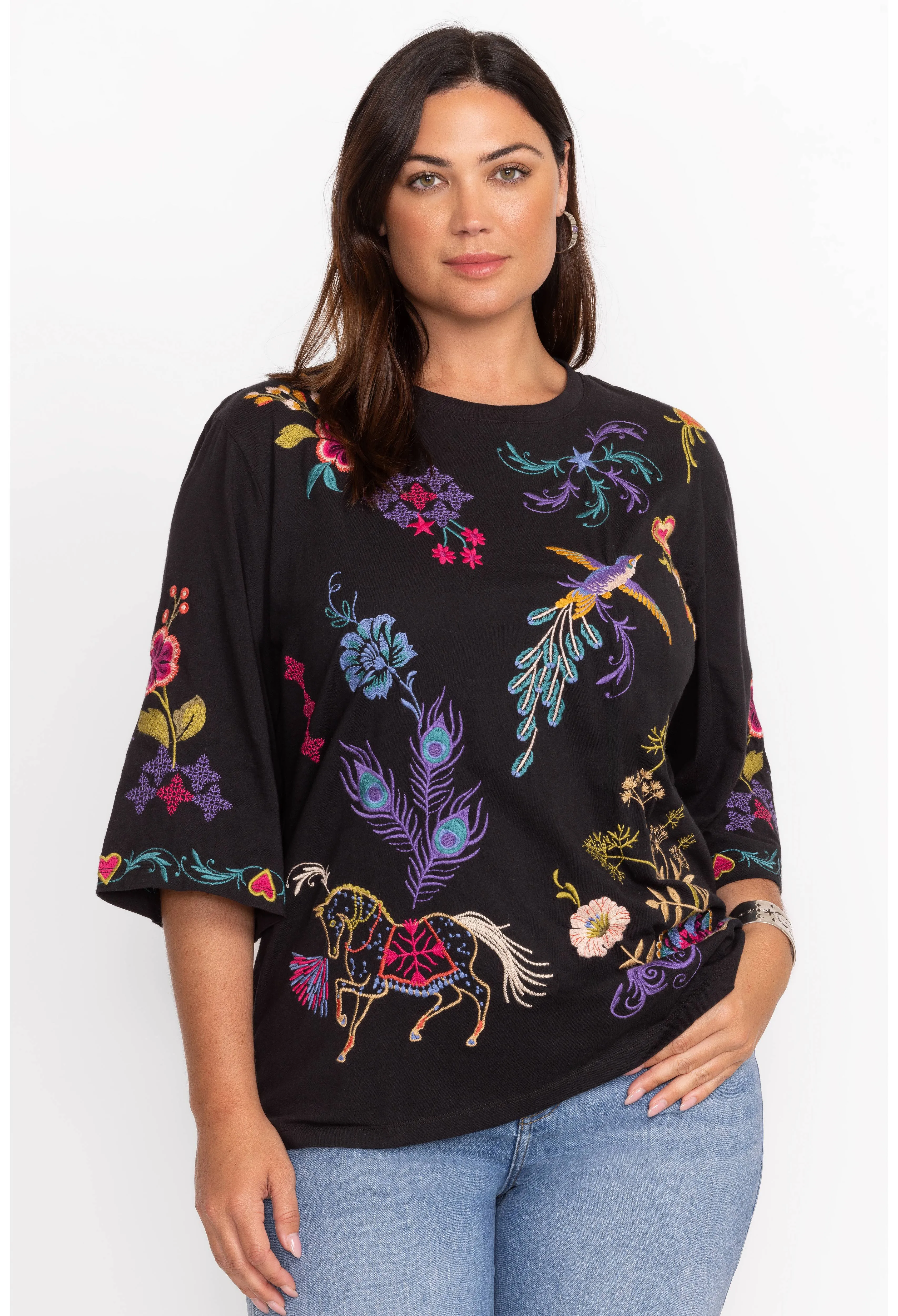 Johnny Was Ariela Boxy Knit Tee Embroider Cotton Swing Floral Shirt Black Top NEW
