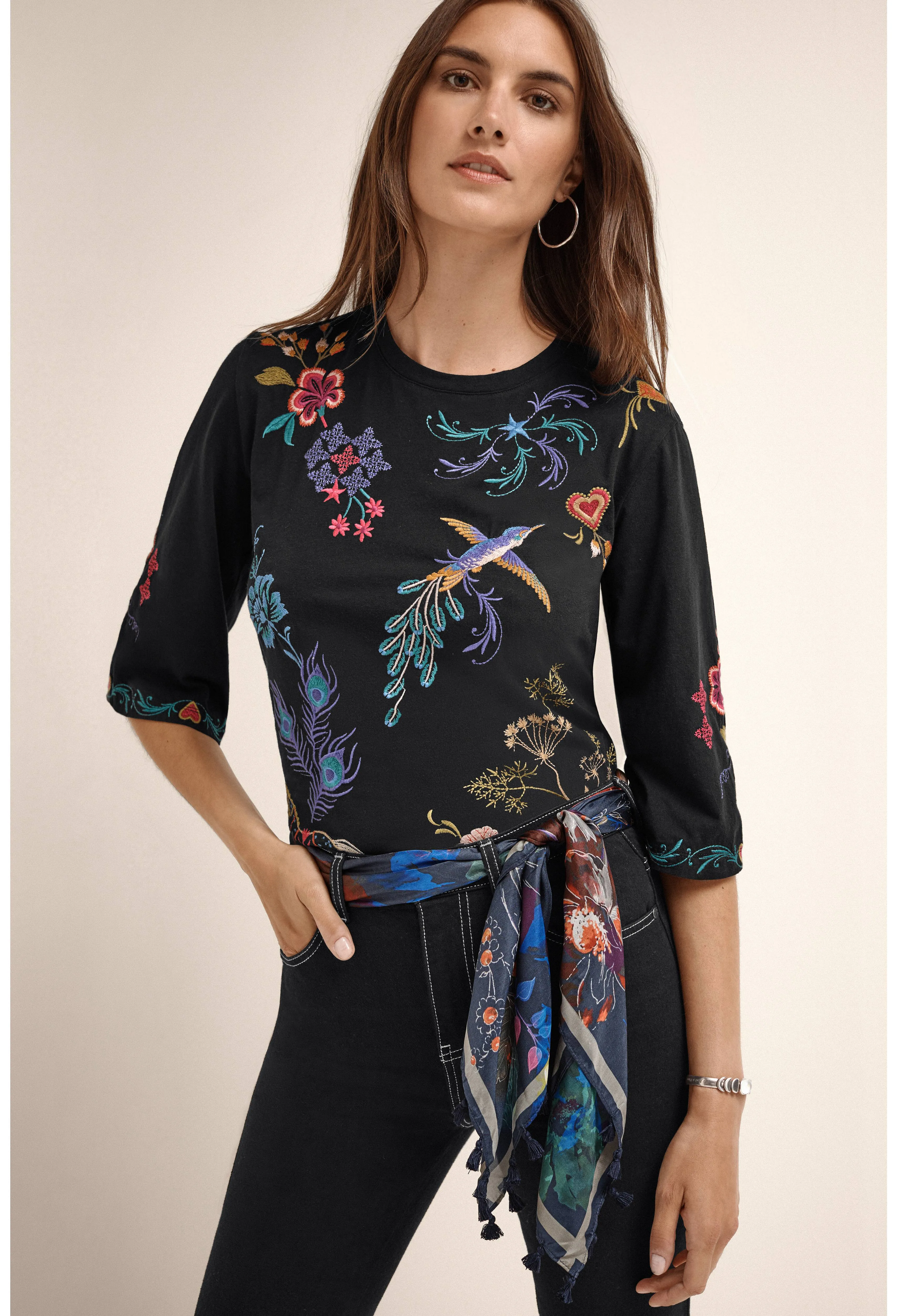 Johnny Was Ariela Boxy Knit Tee Embroider Cotton Swing Floral Shirt Black Top NEW
