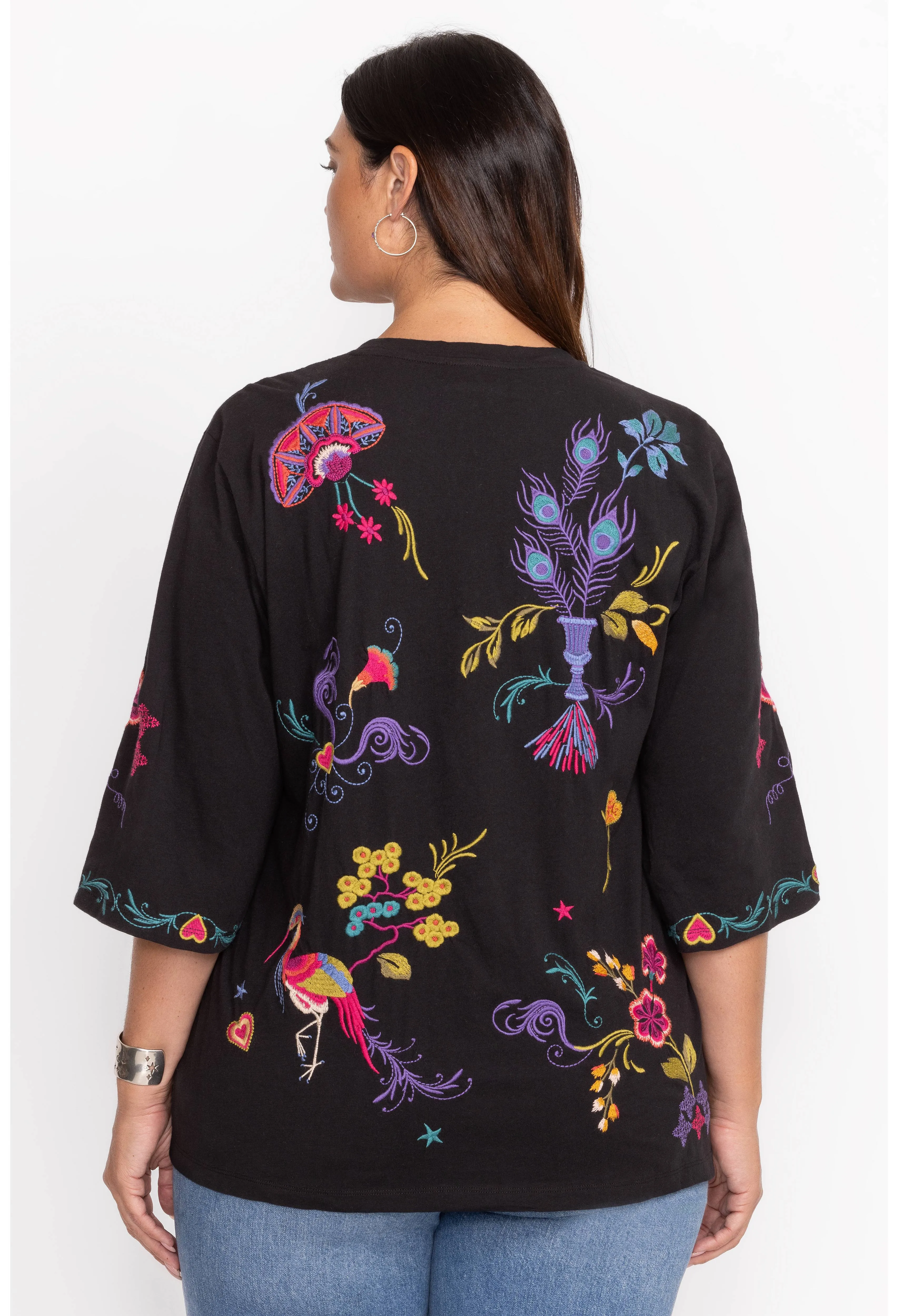 Johnny Was Ariela Boxy Knit Tee Embroider Cotton Swing Floral Shirt Black Top NEW