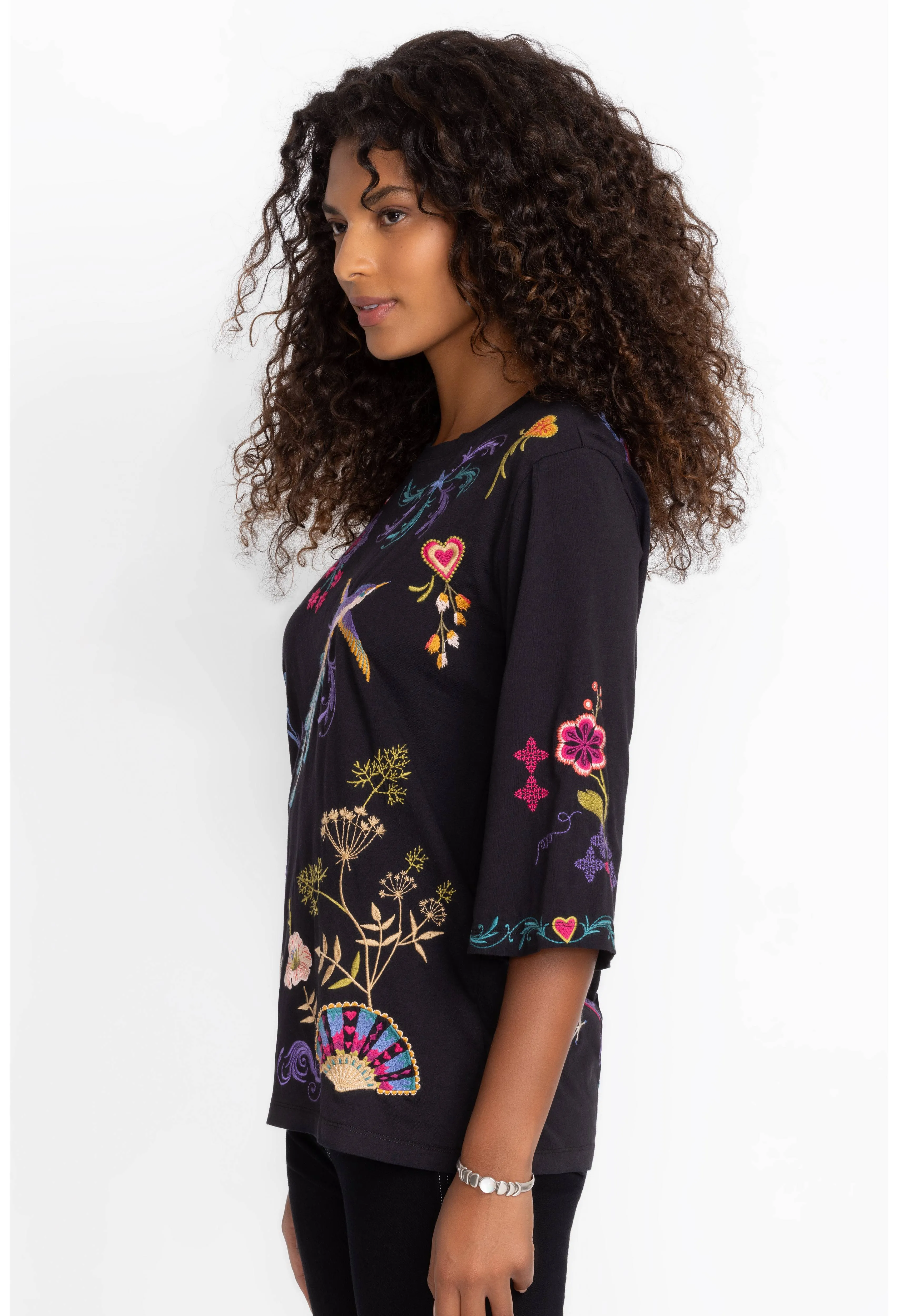 Johnny Was Ariela Boxy Knit Tee Embroider Cotton Swing Floral Shirt Black Top NEW