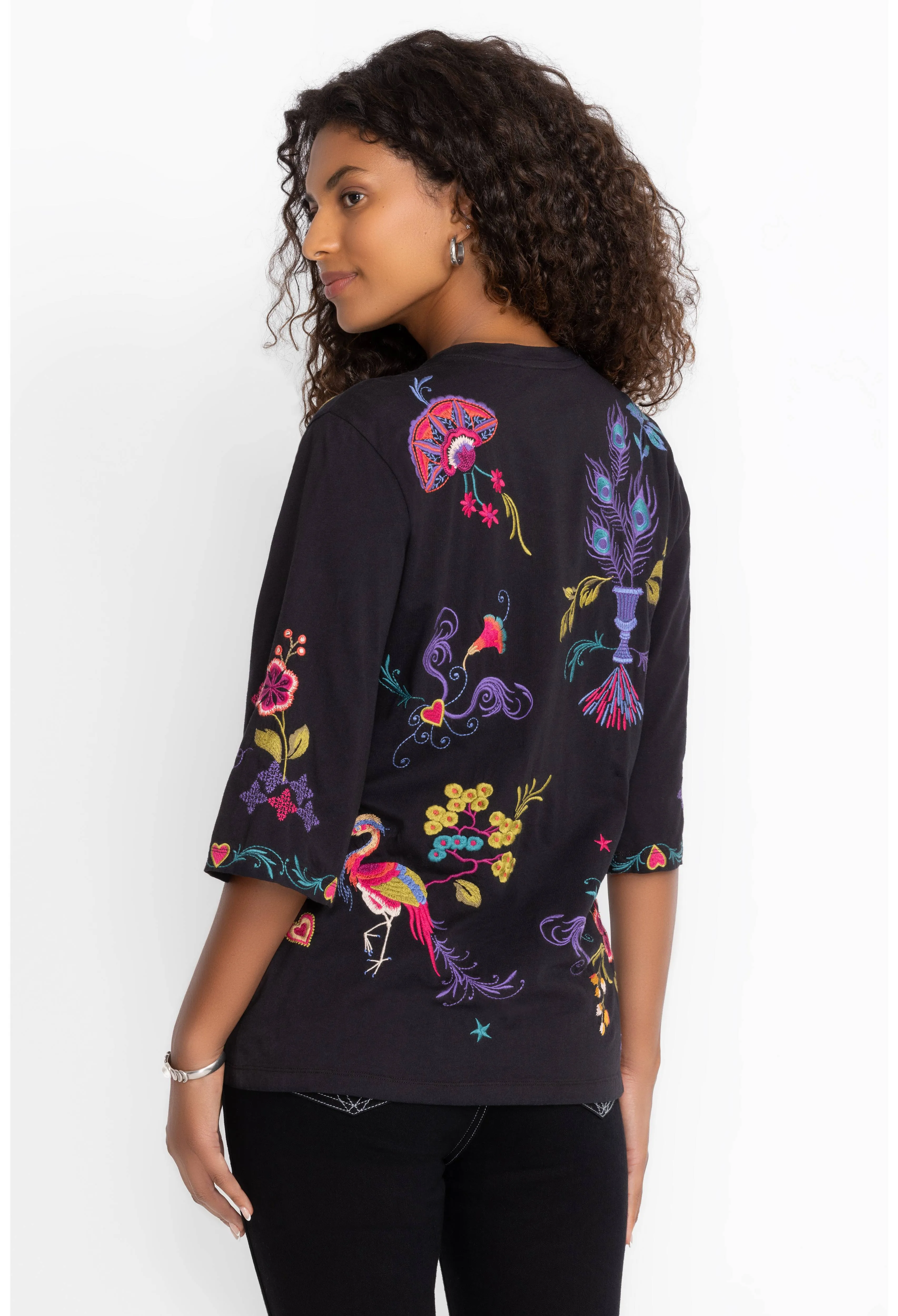 Johnny Was Ariela Boxy Knit Tee Embroider Cotton Swing Floral Shirt Black Top NEW