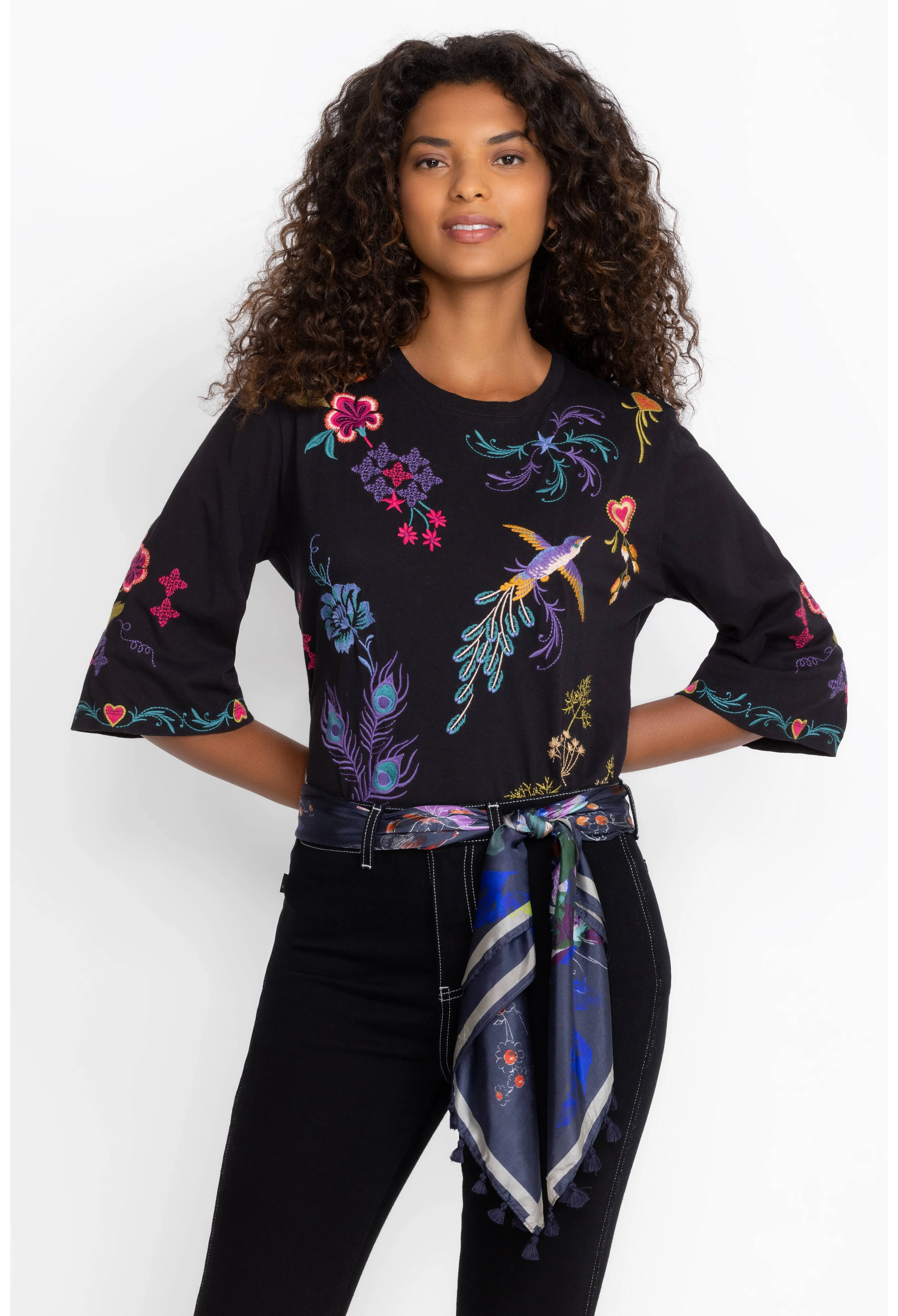 Johnny Was Ariela Boxy Knit Tee Embroider Cotton Swing Floral Shirt Black Top NEW