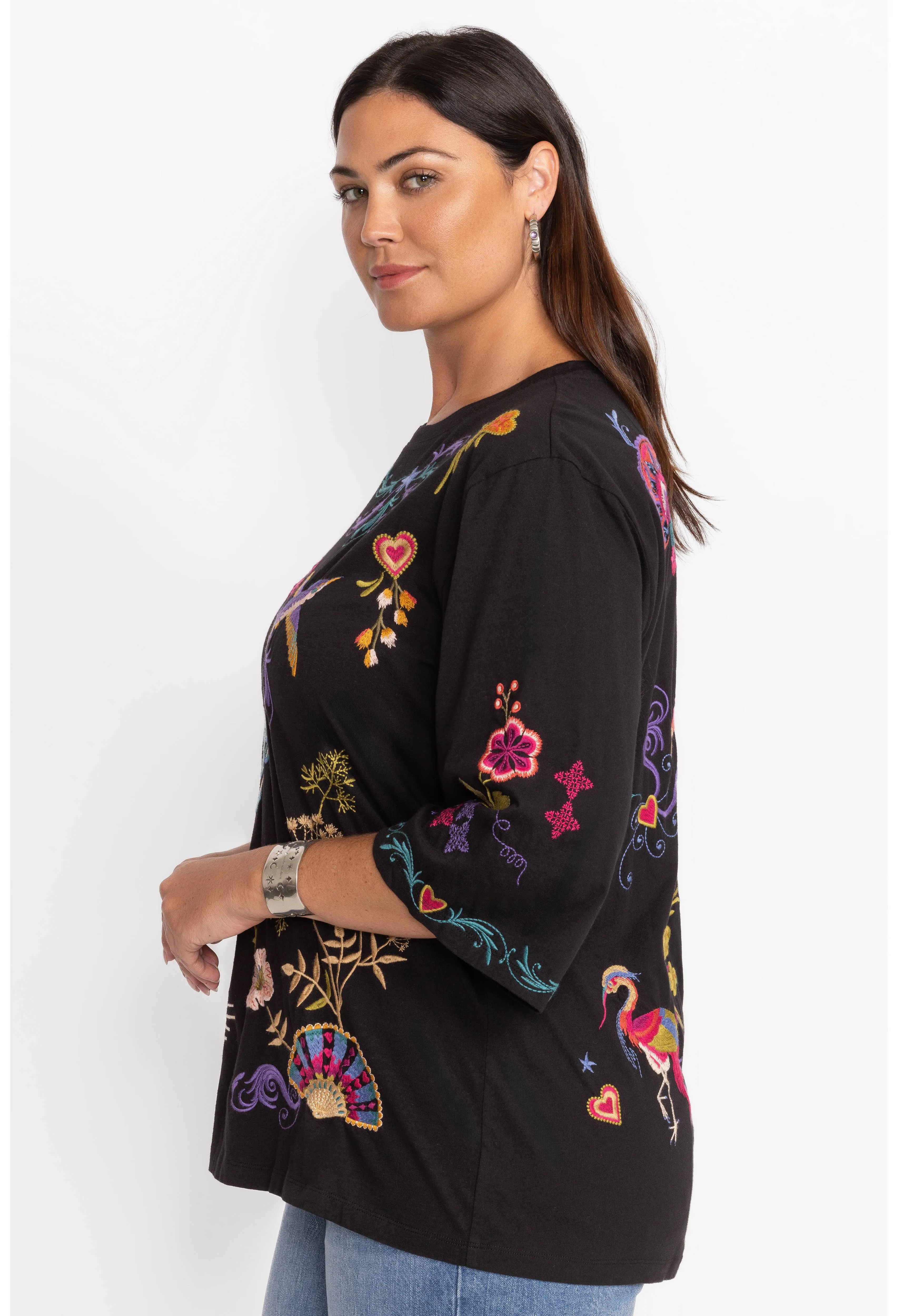 Johnny Was Ariela Boxy Knit Tee Embroider Cotton Swing Floral Shirt Black Top NEW