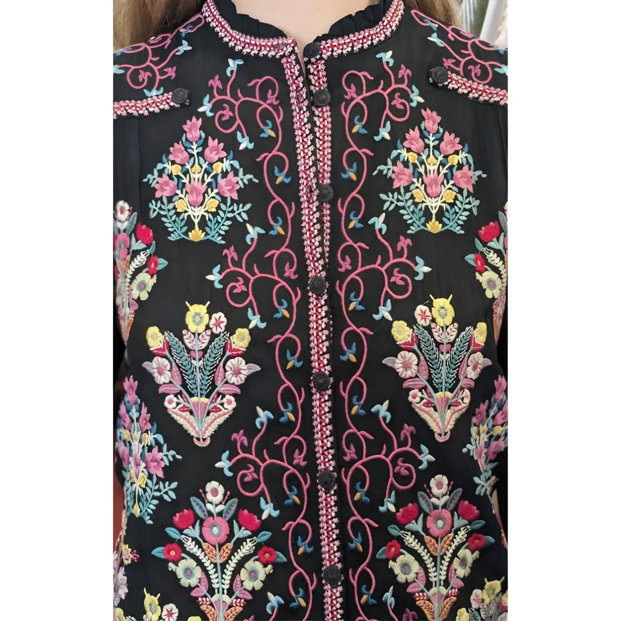 Johnny Was Bertha Blouse Black Top Button Down Shirt Long Sleeve Embroidery NEW