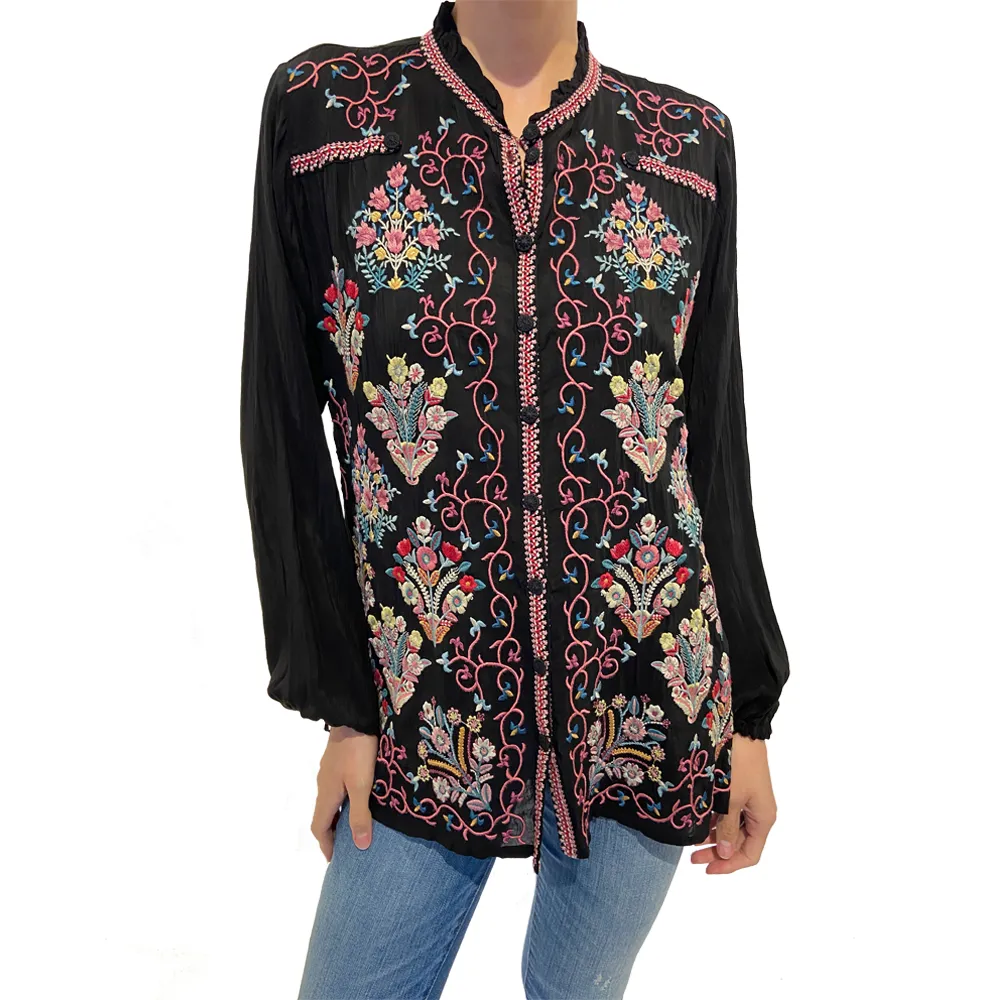 Johnny Was Bertha Blouse Black Top Button Down Shirt Long Sleeve Embroidery NEW