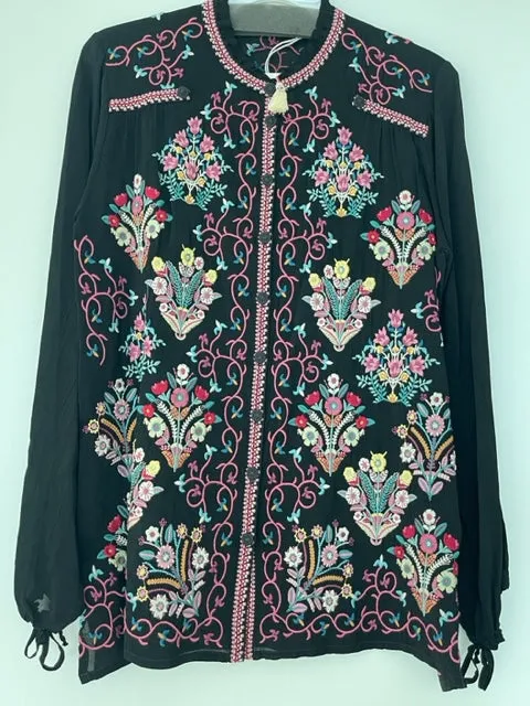 Johnny Was Bertha Blouse Black Top Button Down Shirt Long Sleeve Embroidery NEW