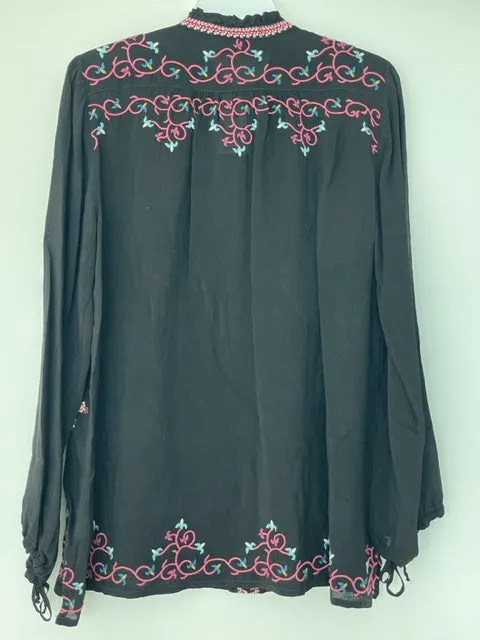 Johnny Was Bertha Blouse Black Top Button Down Shirt Long Sleeve Embroidery NEW