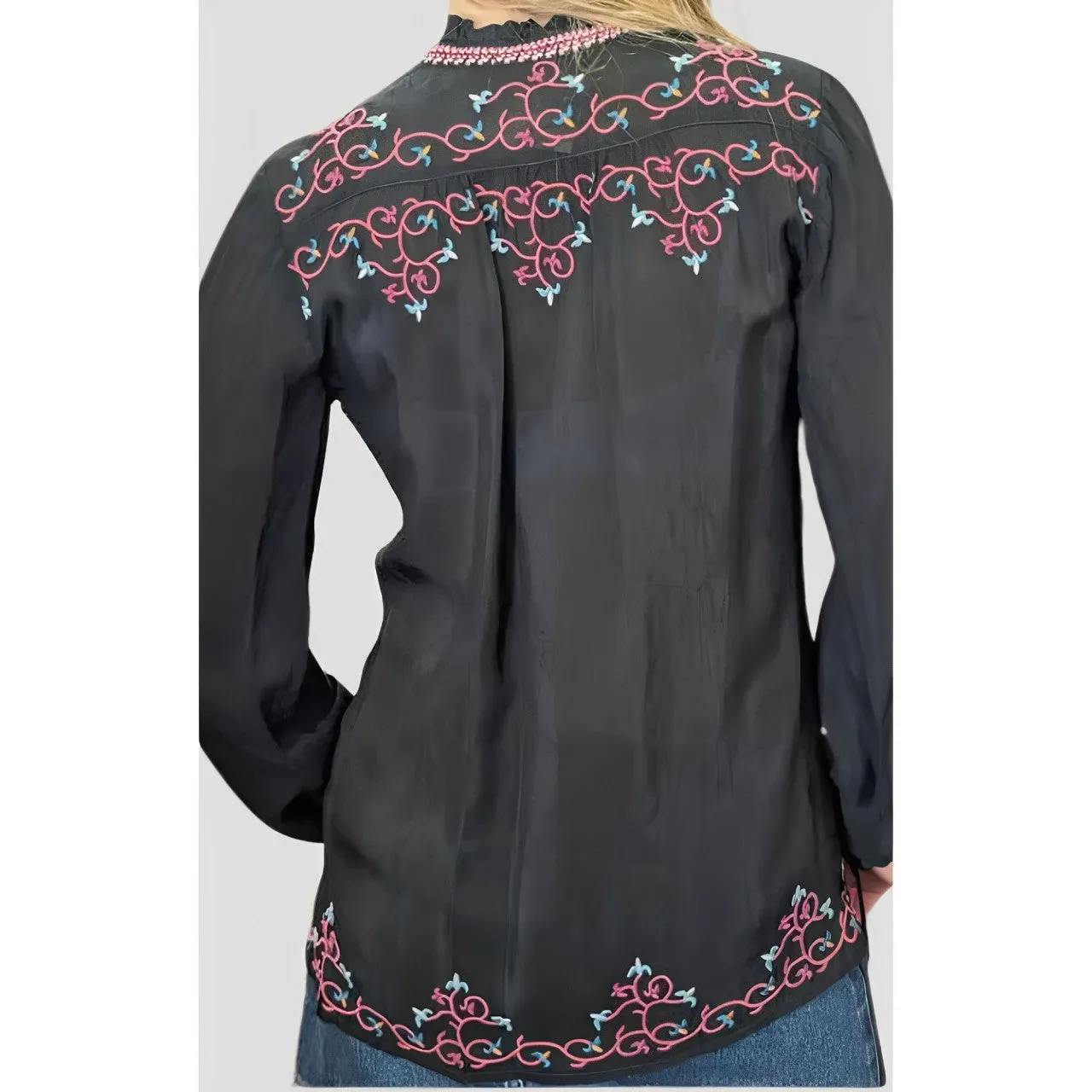 Johnny Was Bertha Blouse Black Top Button Down Shirt Long Sleeve Embroidery NEW
