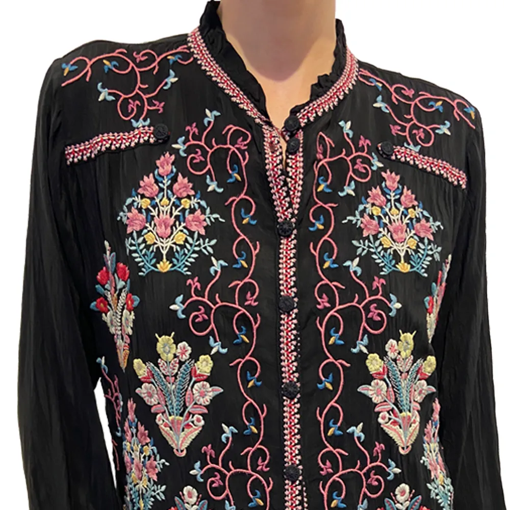 Johnny Was Bertha Blouse Black Top Button Down Shirt Long Sleeve Embroidery NEW