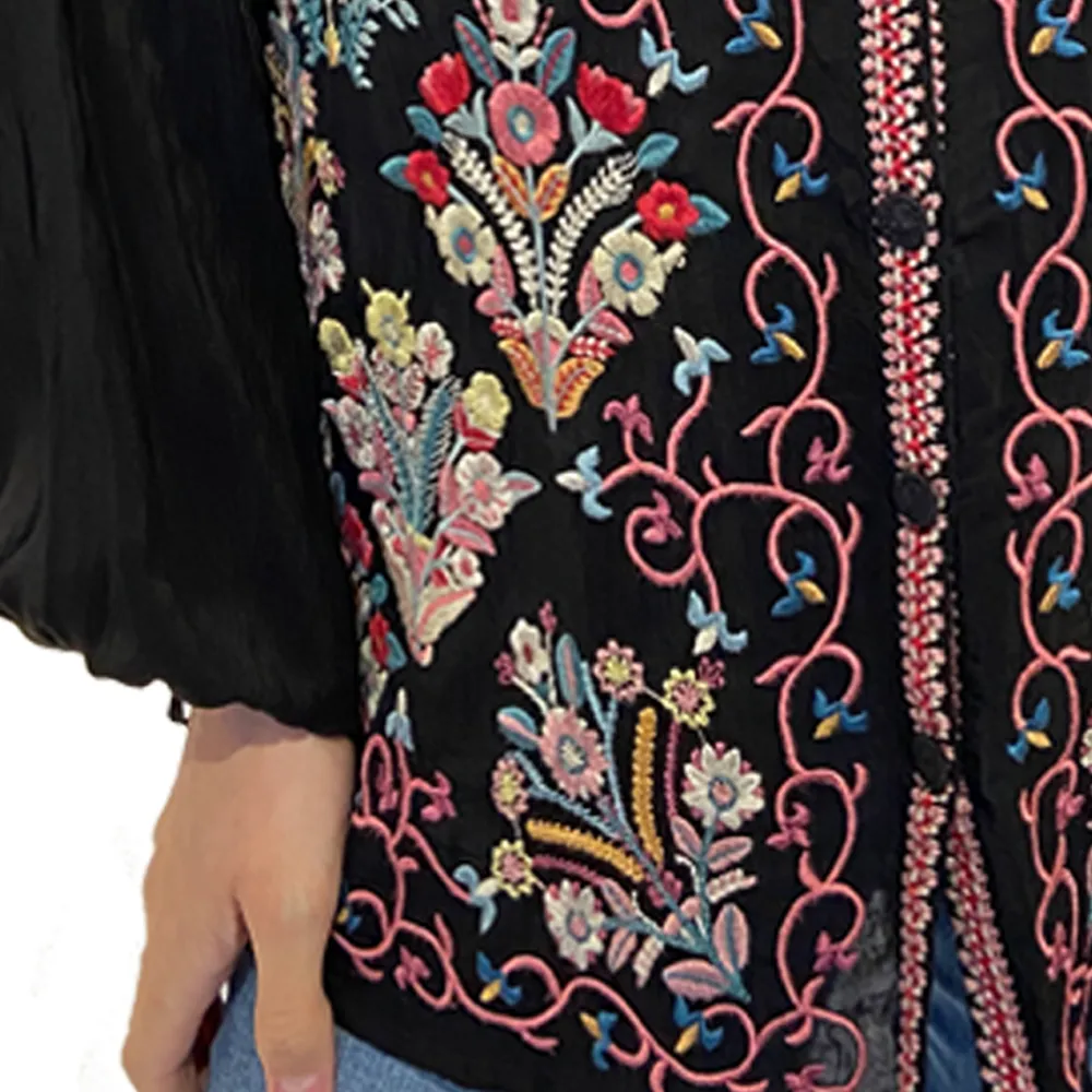 Johnny Was Bertha Blouse Black Top Button Down Shirt Long Sleeve Embroidery NEW