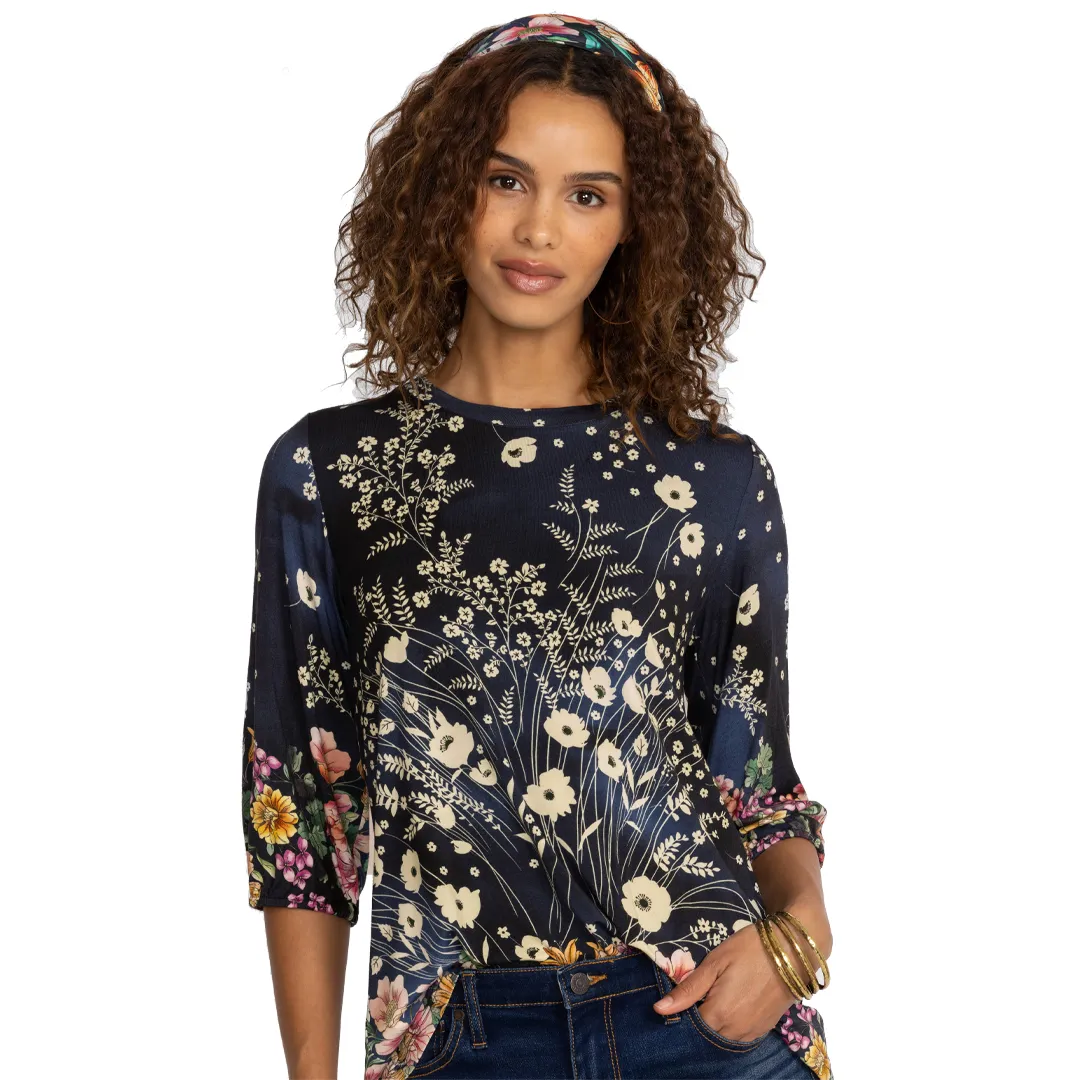 Johnny Was Janie Favorite Puff Sleeve Top Bursting Floral Navy Blue Tee Shirt New