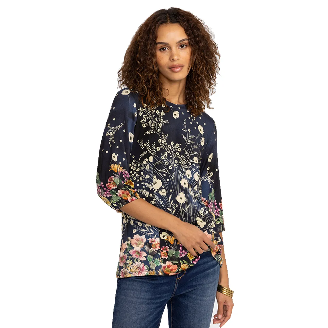 Johnny Was Janie Favorite Puff Sleeve Top Bursting Floral Navy Blue Tee Shirt New