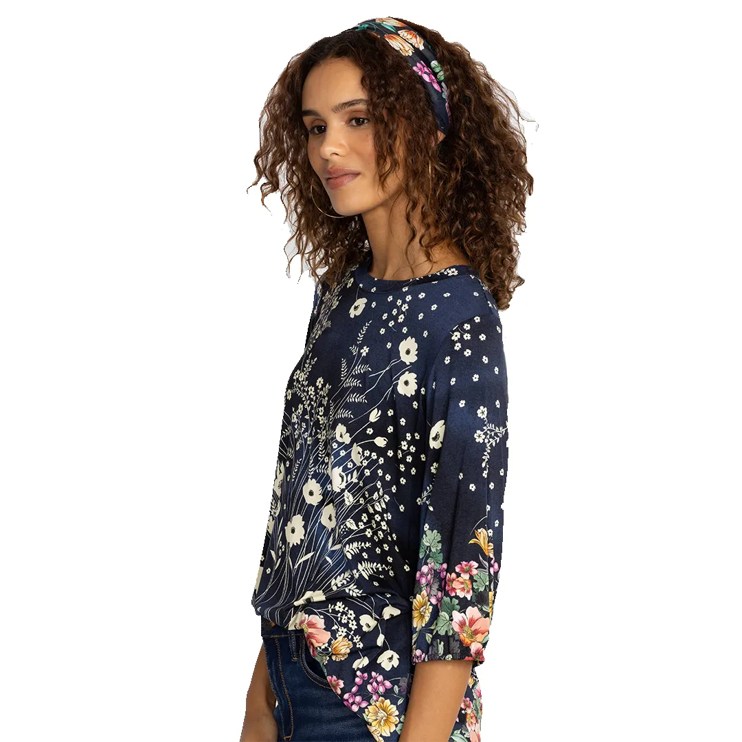 Johnny Was Janie Favorite Puff Sleeve Top Bursting Floral Navy Blue Tee Shirt New