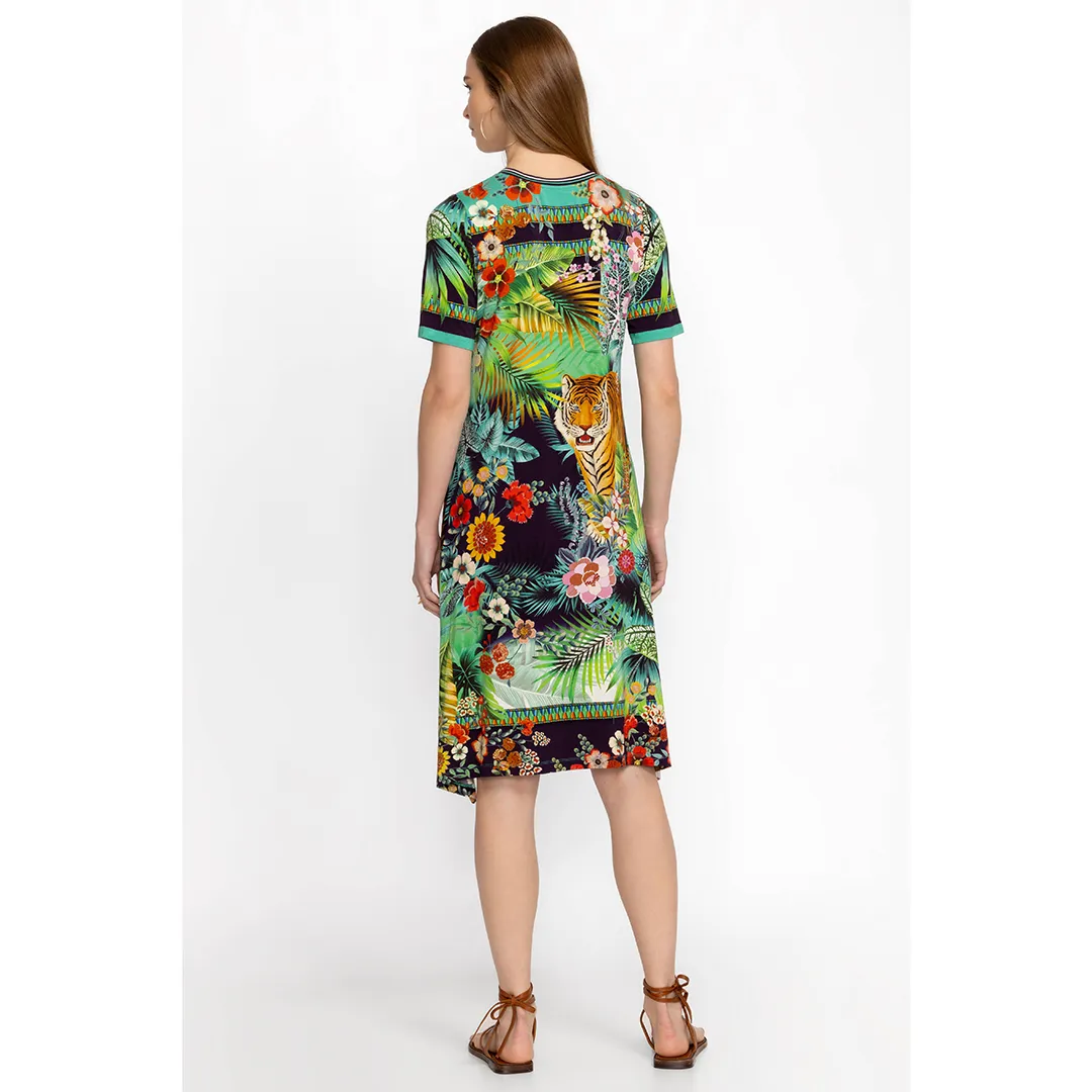 Johnny Was Janie Favorite V Neck Swing Dress Tigres Short Sleeve Green Blue NEW
