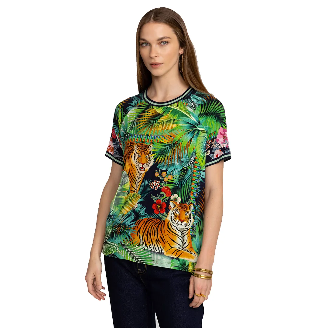 Johnny Was Janie Favorite V Neck Swing Dress Tigres Short Sleeve Green Blue NEW