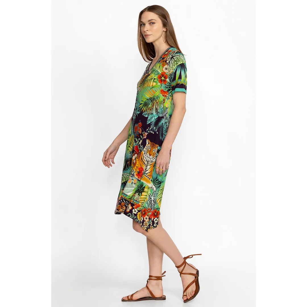 Johnny Was Janie Favorite V Neck Swing Dress Tigres Short Sleeve Green Blue NEW