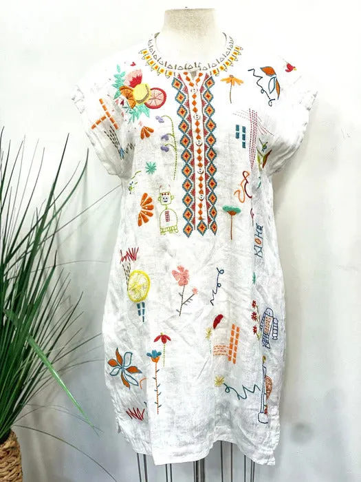 Johnny Was Lemona Dress Floral Embroidery Linen Natural Button Front White NEW