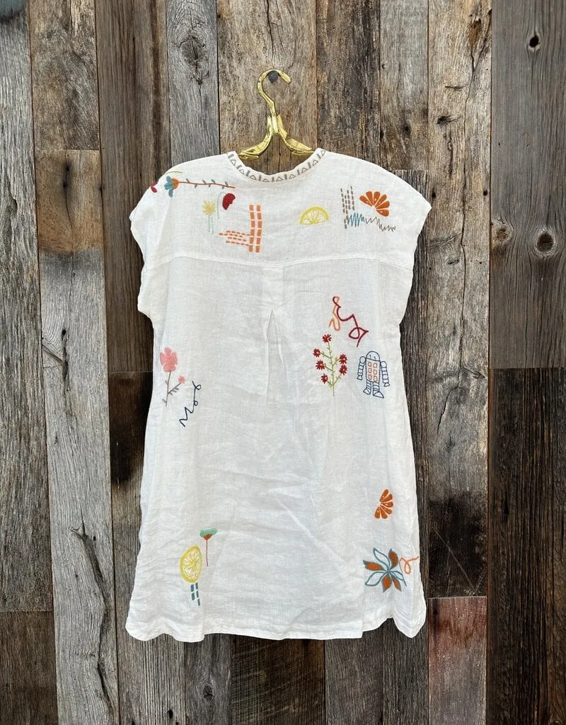 Johnny Was Lemona Dress Floral Embroidery Linen Natural Button Front White NEW