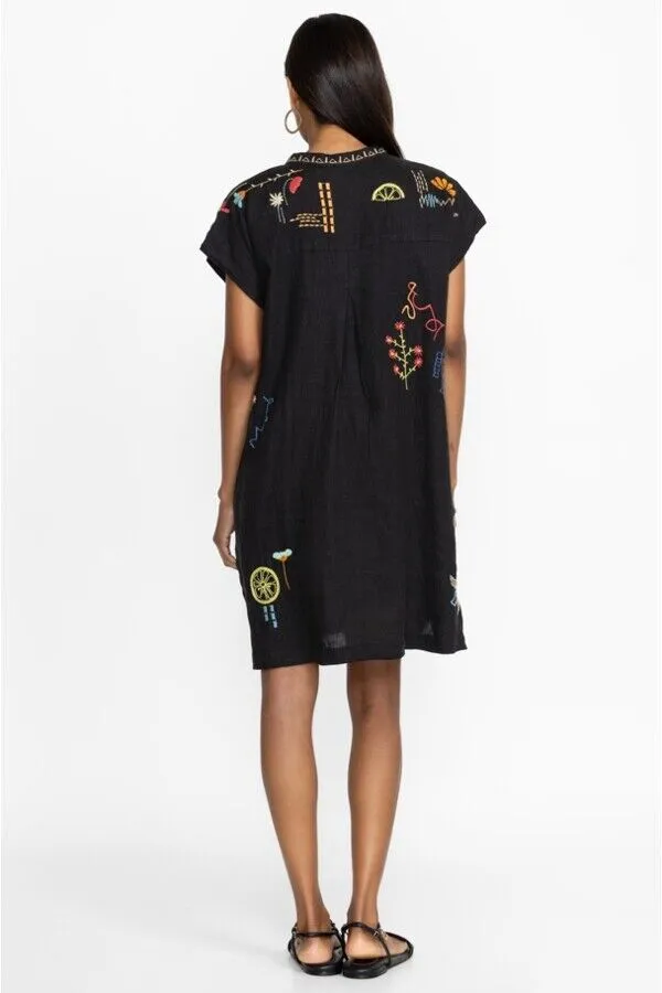 Johnny Was Lemona Dress Floral Embroidery Linen Natural Button Front White NEW