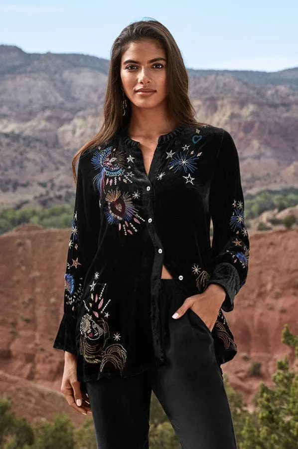 Johnny Was Victoria Velvet Voyager Tunic Black Embroidered Shirt Top Medium NEW