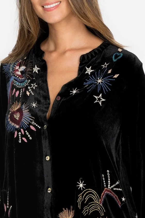Johnny Was Victoria Velvet Voyager Tunic Black Embroidered Shirt Top Medium NEW
