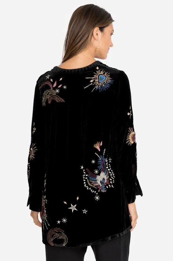 Johnny Was Victoria Velvet Voyager Tunic Black Embroidered Shirt Top Medium NEW