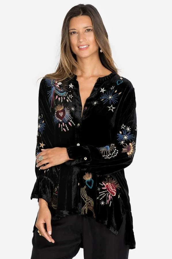 Johnny Was Victoria Velvet Voyager Tunic Black Embroidered Shirt Top Medium NEW
