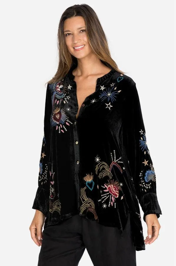 Johnny Was Victoria Velvet Voyager Tunic Black Embroidered Shirt Top Medium NEW