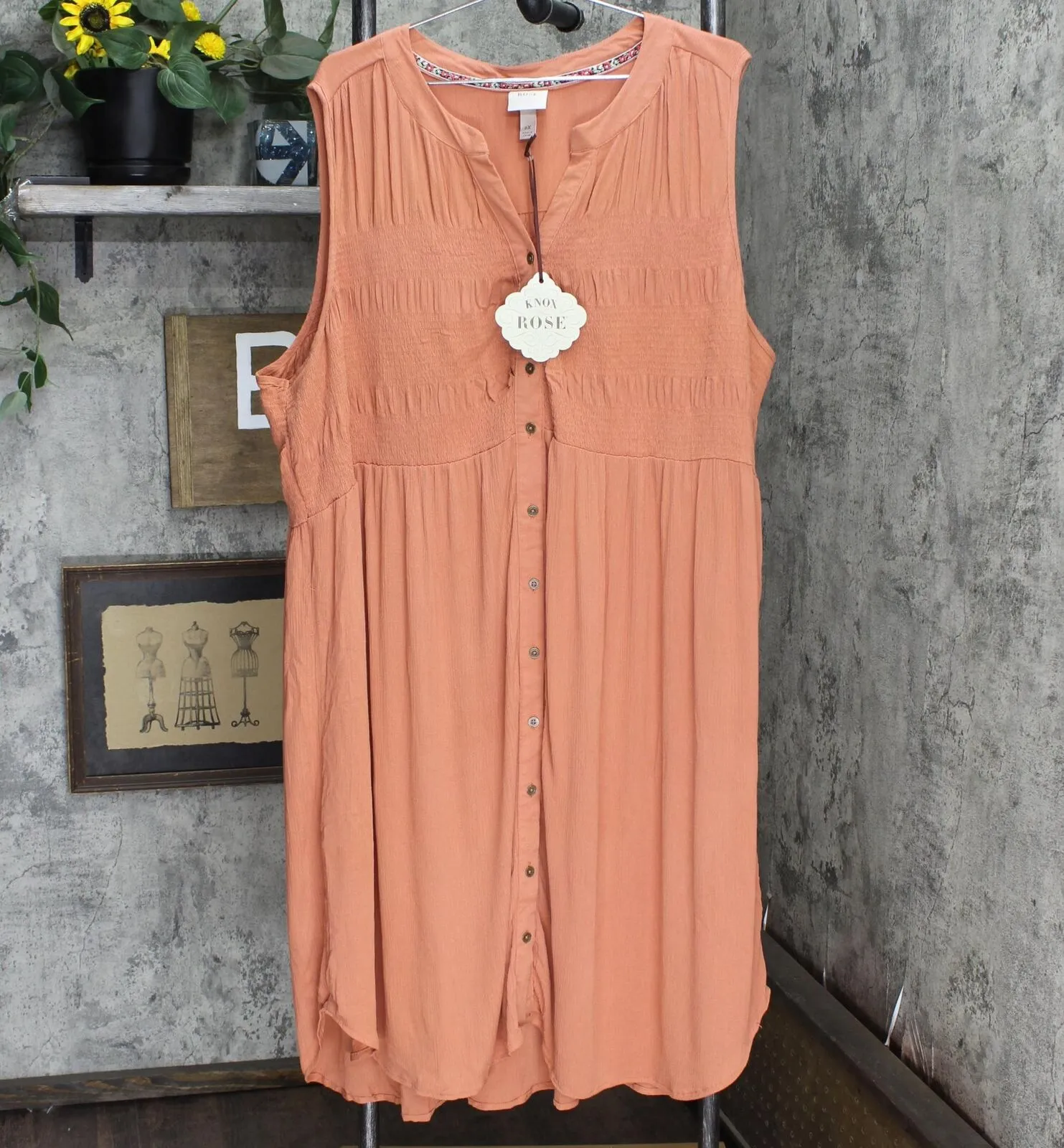 Knox Rose Plus Size Sleeveless Smocked Button-Down Dress 83895508 Brown 2X