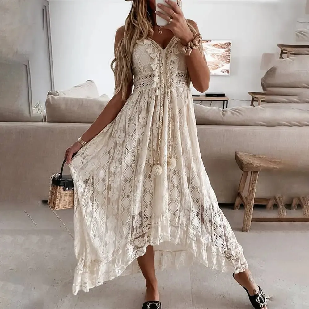 Lace Trim Midi Dress with Flowing Skirt