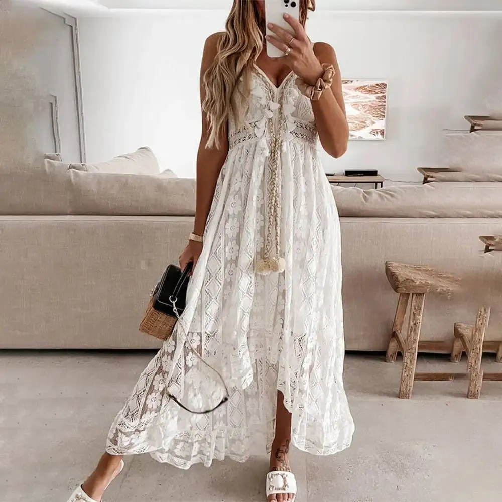 Lace Trim Midi Dress with Flowing Skirt