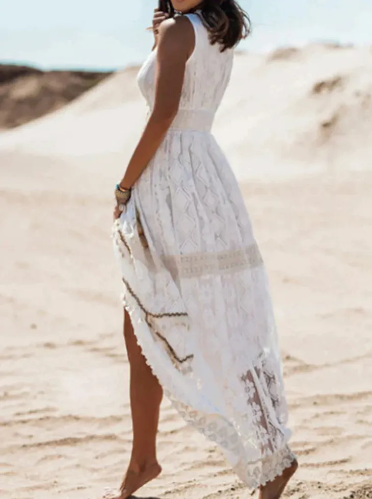 Lace Trim Midi Dress with Flowing Skirt