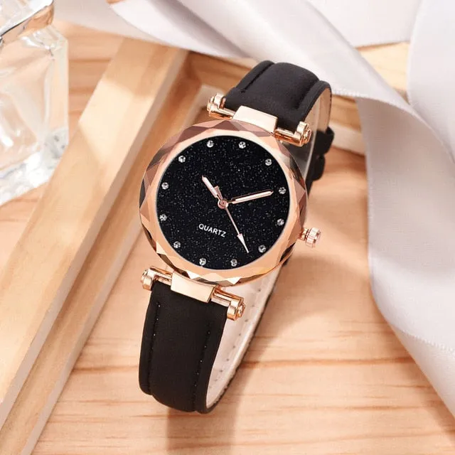 Leather Wrist Watch and Rhinestone Bracelet