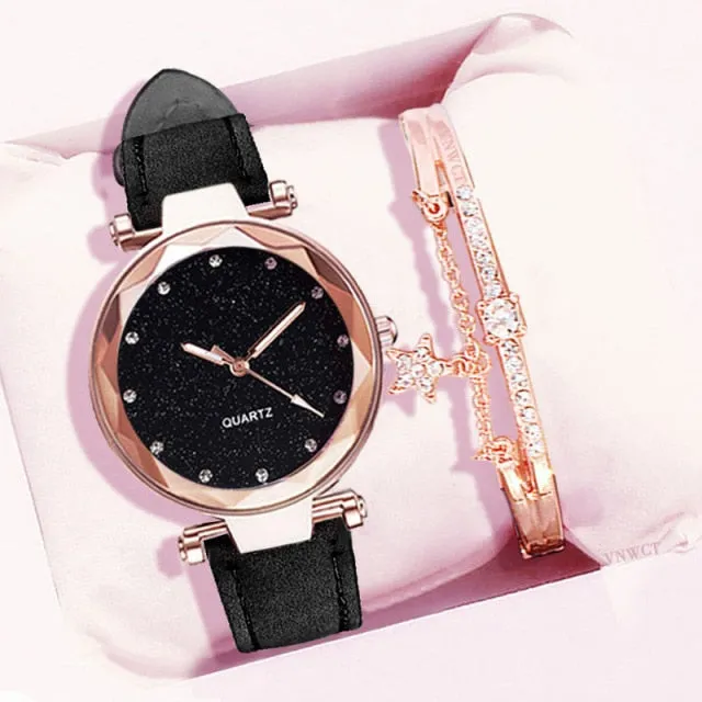 Leather Wrist Watch and Rhinestone Bracelet