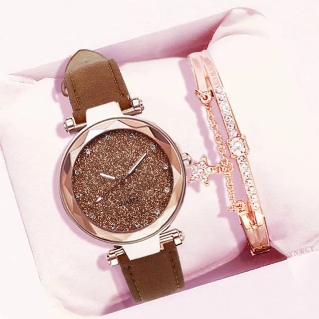 Leather Wrist Watch and Rhinestone Bracelet