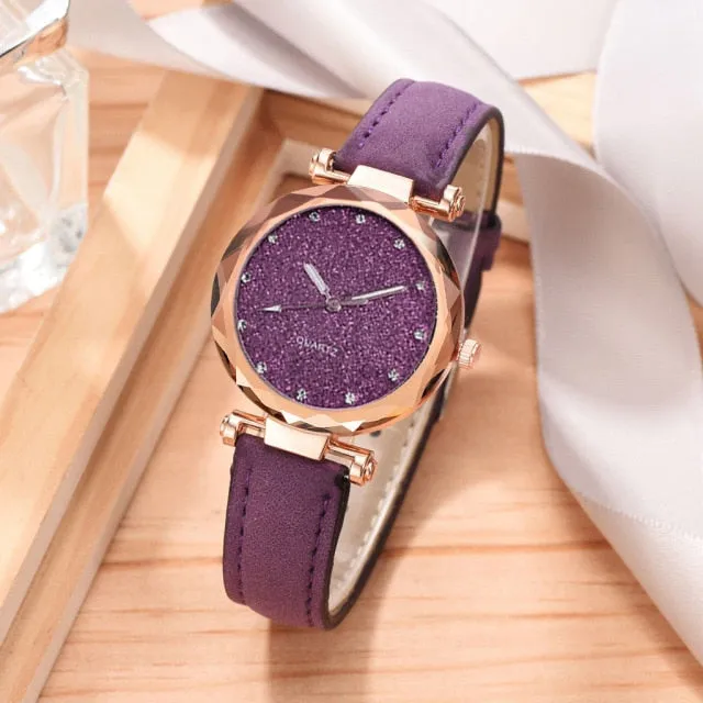 Leather Wrist Watch and Rhinestone Bracelet