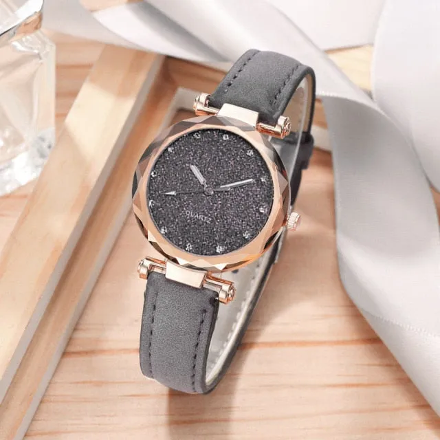 Leather Wrist Watch and Rhinestone Bracelet